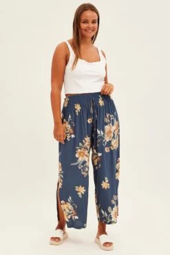 Multi Floral Wideleg Pants Shirred Waistband Textured Crepe