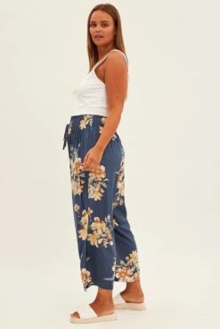 Multi Floral Wideleg Pants Shirred Waistband Textured Crepe -You And All Fashion Store cbt31672 36ab floral 4