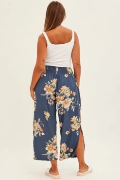 Multi Floral Wideleg Pants Shirred Waistband Textured Crepe -You And All Fashion Store cbt31672 36ab floral 5