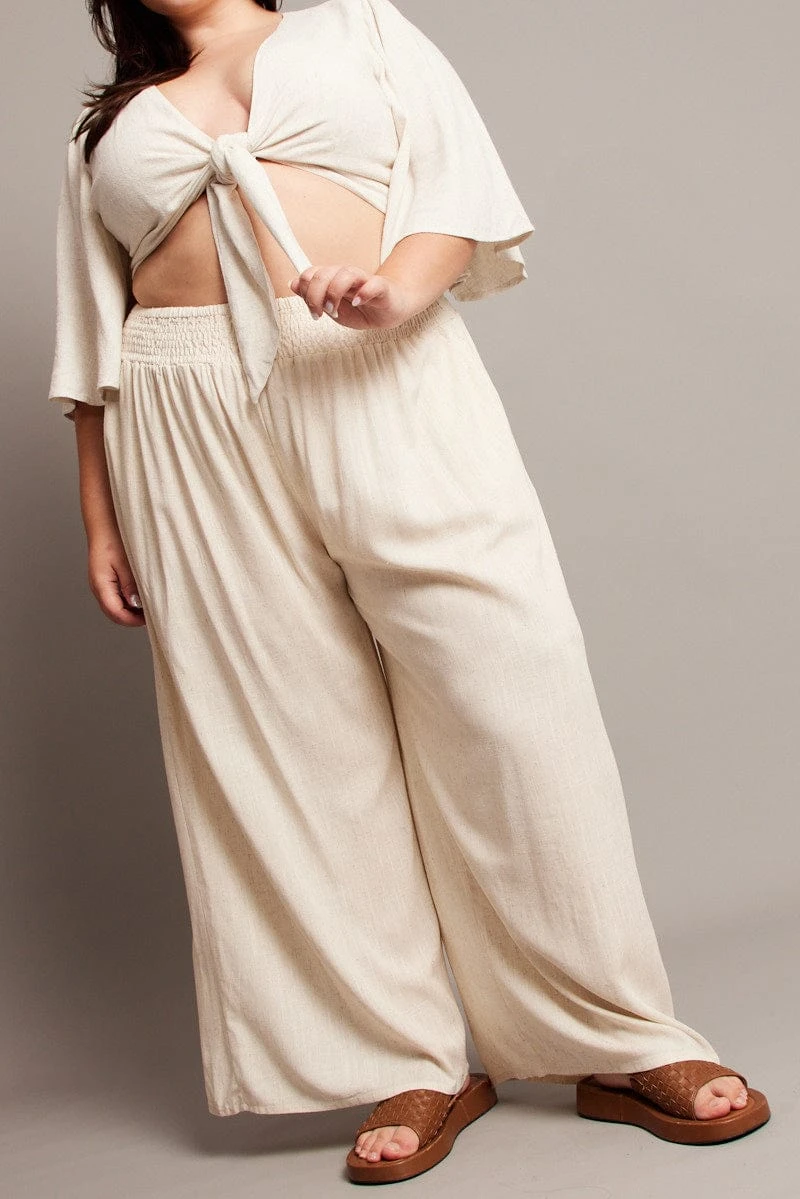 Beige Shirred Waist Wide Leg Pants 1 Beige Shirred Waist Wide Leg Pants