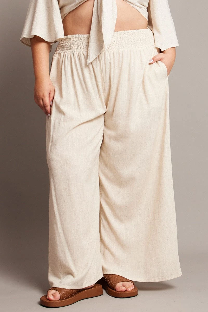 Beige Shirred Waist Wide Leg Pants 3 Beige Shirred Waist Wide Leg Pants - Image 3