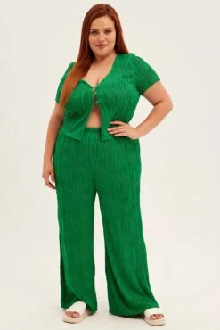 Green Textured Pant Wide Leg Wavy -You And All Fashion Store cbt31848x 42ab green 3