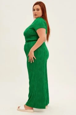 Green Textured Pant Wide Leg Wavy -You And All Fashion Store cbt31848x 42ab green 5
