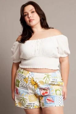 Multi Abstract Elastic Waist Linen Blend Shorts