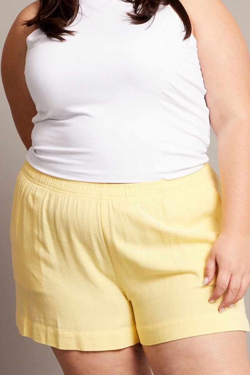 Yellow Elastic Waist Lined Linen Blend Shorts 1 Yellow Elastic Waist Lined Linen Blend Shorts