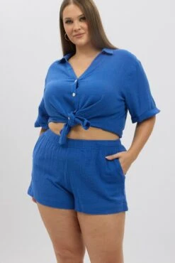 Blue Elastic Waist Pull On Cotton Shorts -You And All Fashion Store cbt3184jx 47ab cobalt 3