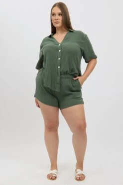 Green Elastic Waist Pull On Cotton Shorts -You And All Fashion Store cbt3184jx 47ab dark khaki 3