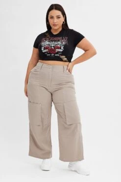 Grey Cargo Pant Wide Leg Contrast Stitch