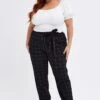 Black Check Slim Pants Tie Waist Stretch