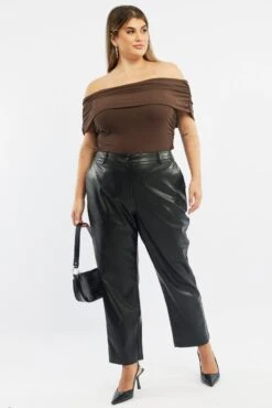 Black Wideleg Pants Faux Leather Croc High Waist