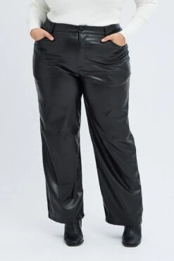 Black Faux Leather Pants High Button Waist Wide Leg -You And All Fashion Store cbt31910 36a black 2