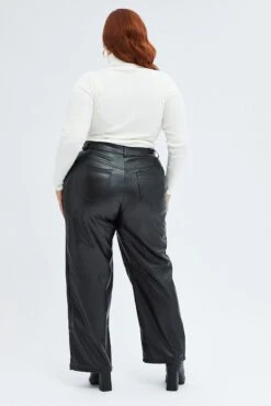 Black Faux Leather Pants High Button Waist Wide Leg -You And All Fashion Store cbt31910 36a black 4