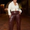Brown Faux Leather Pants High Button Waist Wide Leg