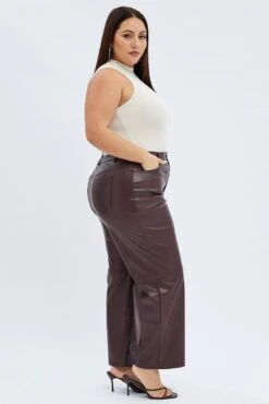 Brown Faux Leather Pants High Button Waist Wide Leg -You And All Fashion Store cbt31910 36ab chocolate 5
