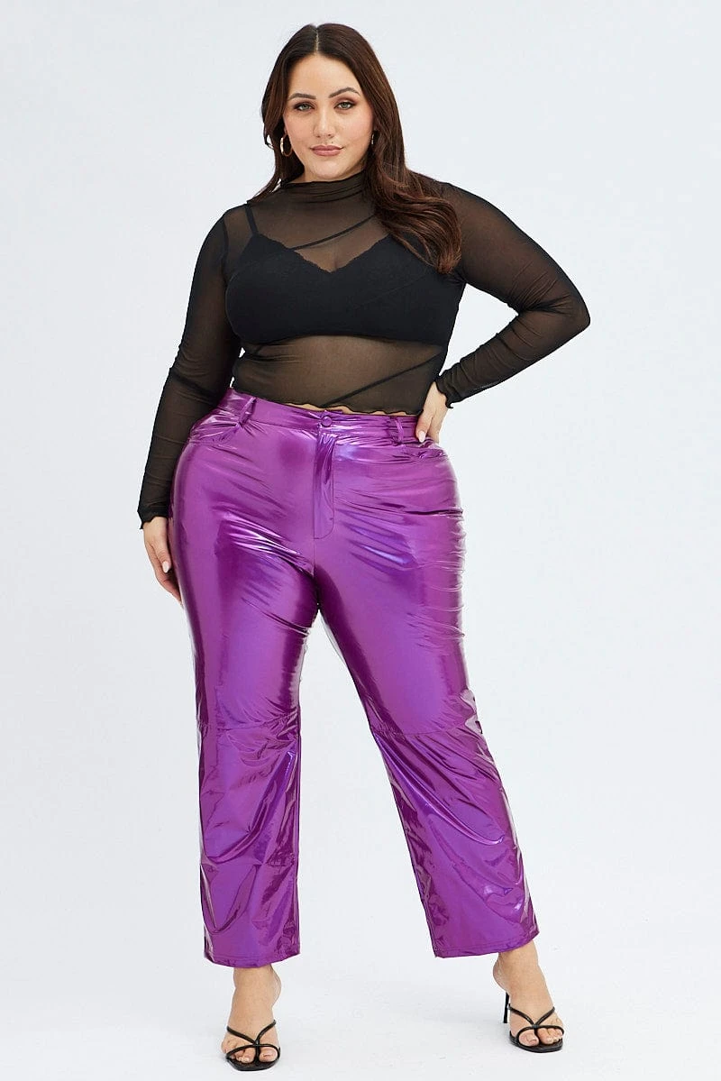 Purple Faux Leather Pants High Button Waist Wide Leg 2 Purple Faux Leather Pants High Button Waist Wide Leg - Image 2