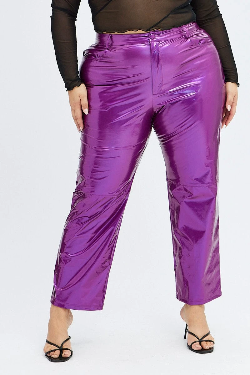 Purple Faux Leather Pants High Button Waist Wide Leg 3 Purple Faux Leather Pants High Button Waist Wide Leg - Image 3