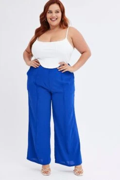 Blue Wideleg Pants Seam Front Elastic Waist Crepe -You And All Fashion Store cbt31916 36a cobalt 3