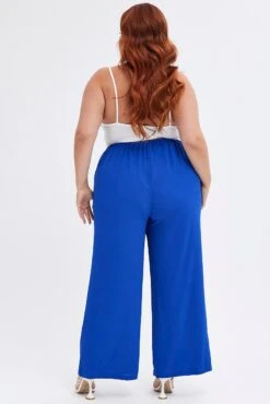 Blue Wideleg Pants Seam Front Elastic Waist Crepe -You And All Fashion Store cbt31916 36a cobalt 5