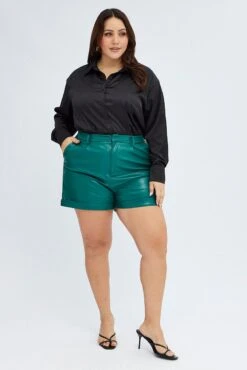 Green Cuffed Shorts Faux Leather Elastic Back -You And All Fashion Store cbt31938 47ab hunter 3