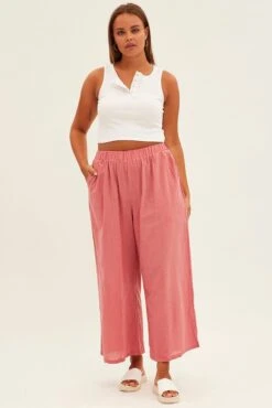 Pink Wideleg Pants Cotton Elastic Waist Relaxed Fit -You And All Fashion Store cbt32025 33ab rose 3