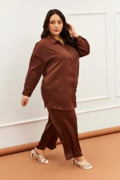 Brown Wideleg Pants Satin Shirred Waist Pockets