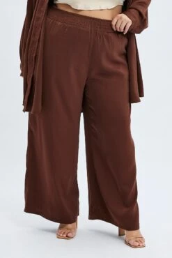 Brown Wideleg Pants Satin Shirred Waist Pockets -You And All Fashion Store cbt32117x 36a chocolate 3