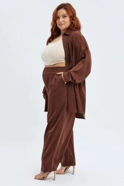 Brown Wideleg Pants Satin Shirred Waist Pockets -You And All Fashion Store cbt32117x 36a chocolate 4
