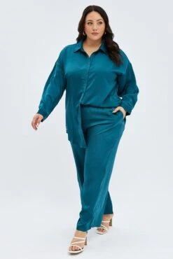 Blue Wide Leg Pants Satin Shirred Waist Pockets