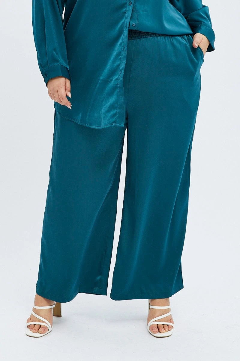 Blue Wide Leg Pants Satin Shirred Waist Pockets 2 Blue Wide Leg Pants Satin Shirred Waist Pockets - Image 2