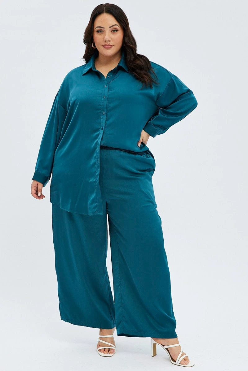 Blue Wide Leg Pants Satin Shirred Waist Pockets 3 Blue Wide Leg Pants Satin Shirred Waist Pockets - Image 3