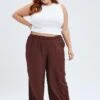Brown Wide Leg Pants Elastic Waist