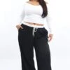 Black Contrast Waistband Wide Leg Pants