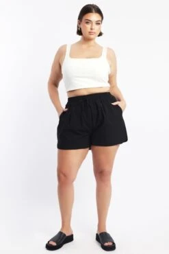 Black Cotton Curve Hem Shorts