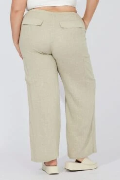 Green Wide Leg Pants Mid Rise Linen Blend -You And All Fashion Store cbt3673 47pb khaki 5
