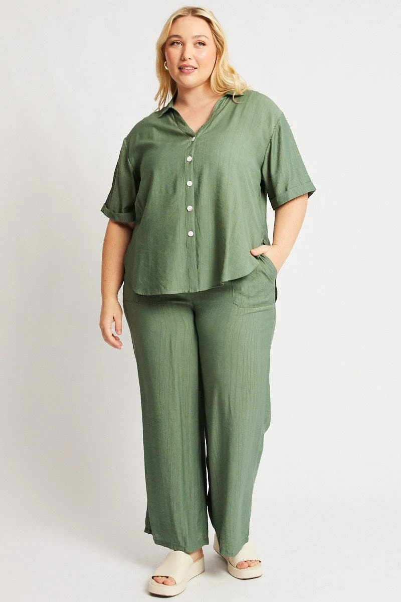 Green Drawstring Waist Wide Leg Textured Pants 2 Green Drawstring Waist Wide Leg Textured Pants - Image 2