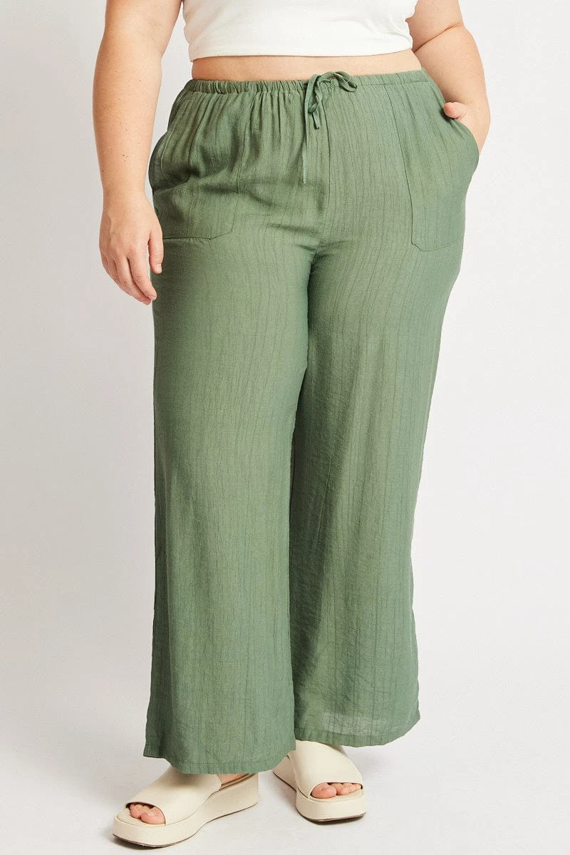 Green Drawstring Waist Wide Leg Textured Pants 3 Green Drawstring Waist Wide Leg Textured Pants - Image 3