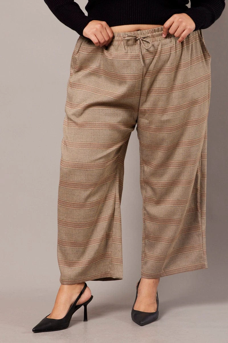 Beige Check Tapered Pants Elasticated Waist Cropped 2 Beige Check Tapered Pants Elasticated Waist Cropped - Image 2