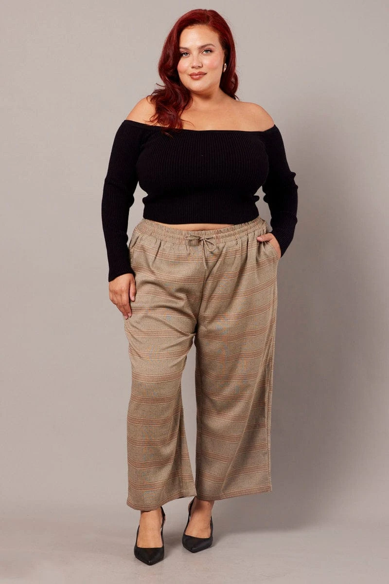Beige Check Tapered Pants Elasticated Waist Cropped 3 Beige Check Tapered Pants Elasticated Waist Cropped - Image 3