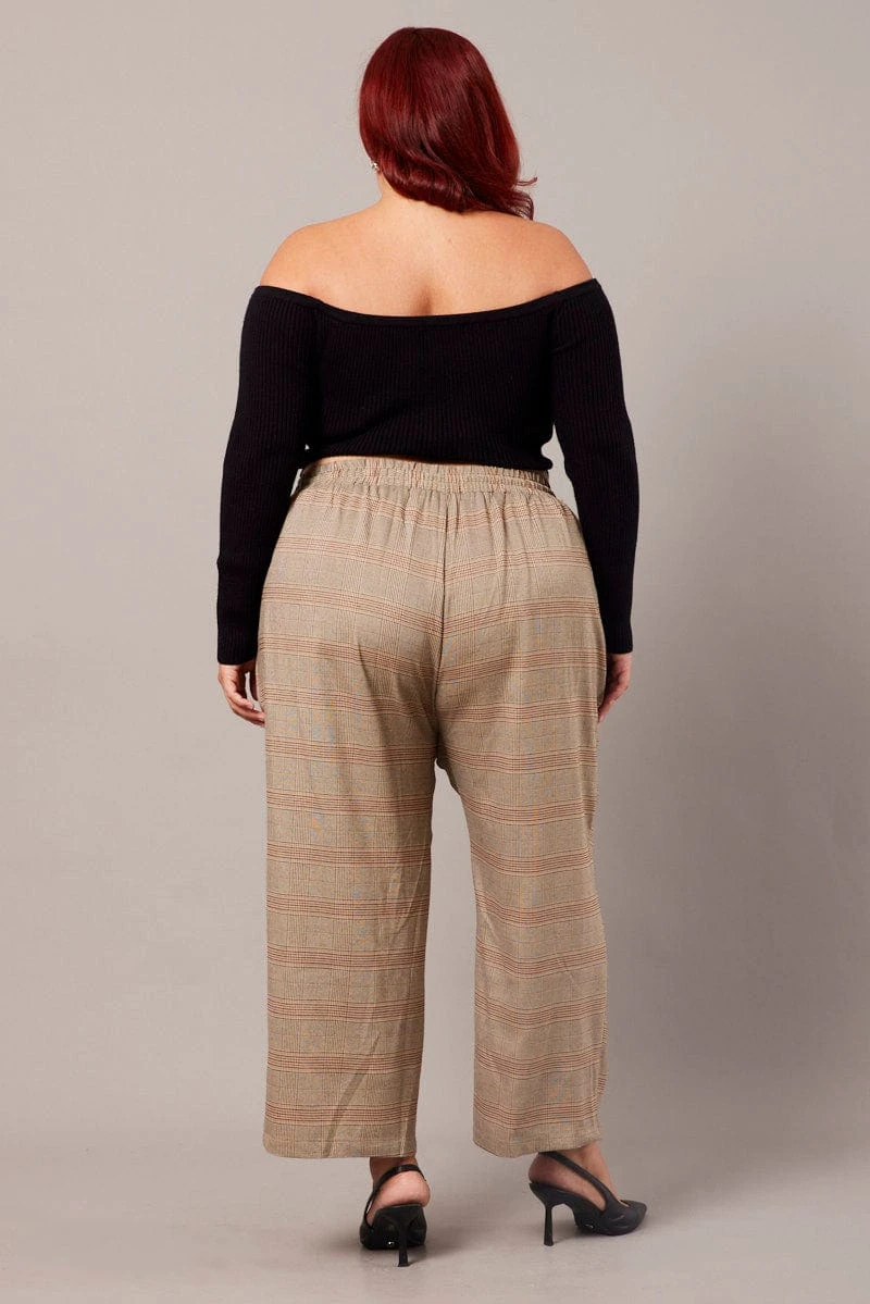 Beige Check Tapered Pants Elasticated Waist Cropped 5 Beige Check Tapered Pants Elasticated Waist Cropped - Image 5