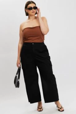Black Cotton Blend Elastic Waist Wide Leg Cargo Pants -You And All Fashion Store cbt4005 84a black 3