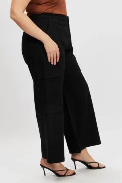 Black Cotton Blend Elastic Waist Wide Leg Cargo Pants -You And All Fashion Store cbt4005 84a black 4