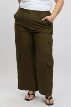 Green Cotton Blend Elastic Waist Wide Leg Cargo Pants -You And All Fashion Store cbt4005 84a khaki 3