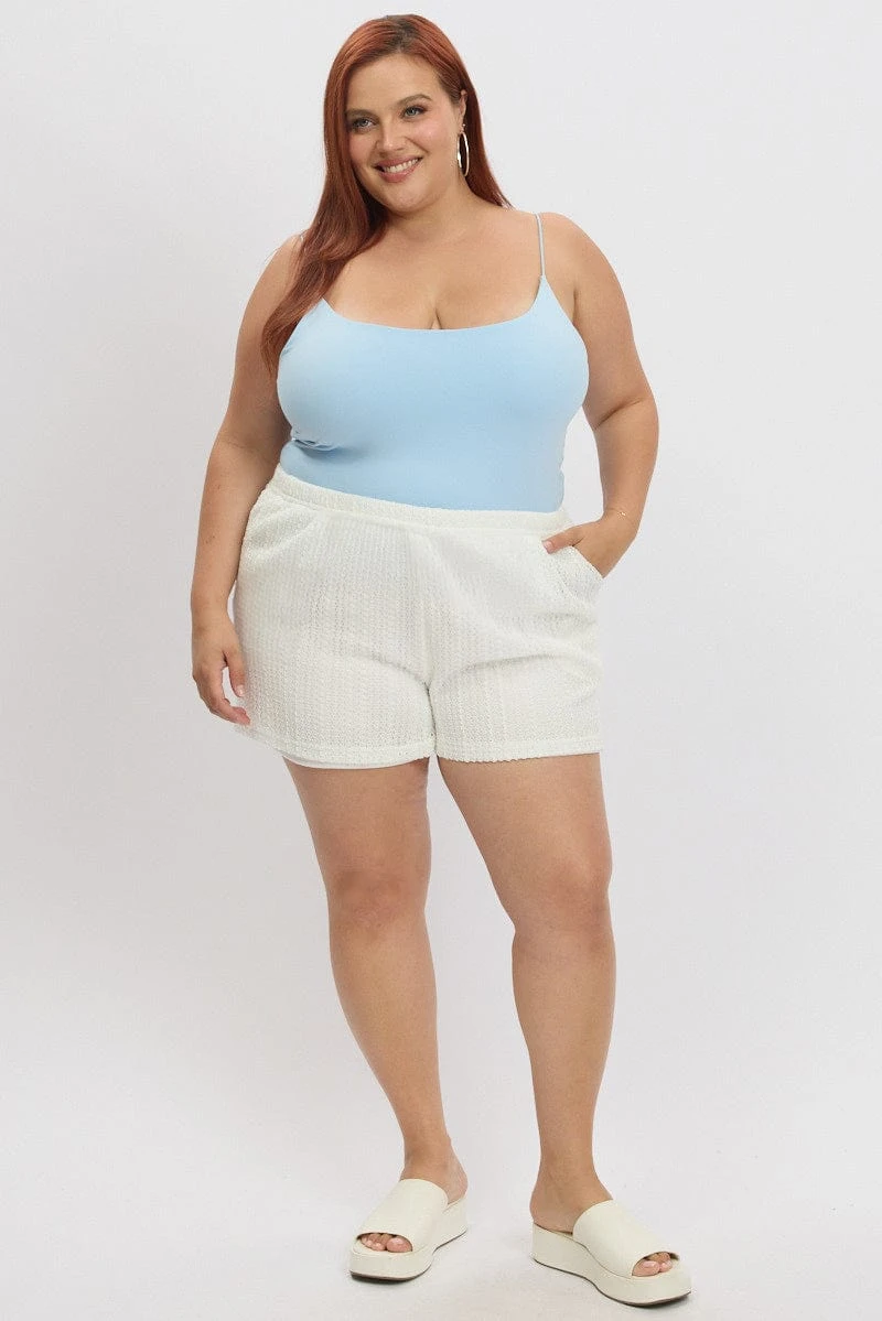 White Crochet-Look Knit Elastic Waist Shorts 1 White Crochet-Look Knit Elastic Waist Shorts