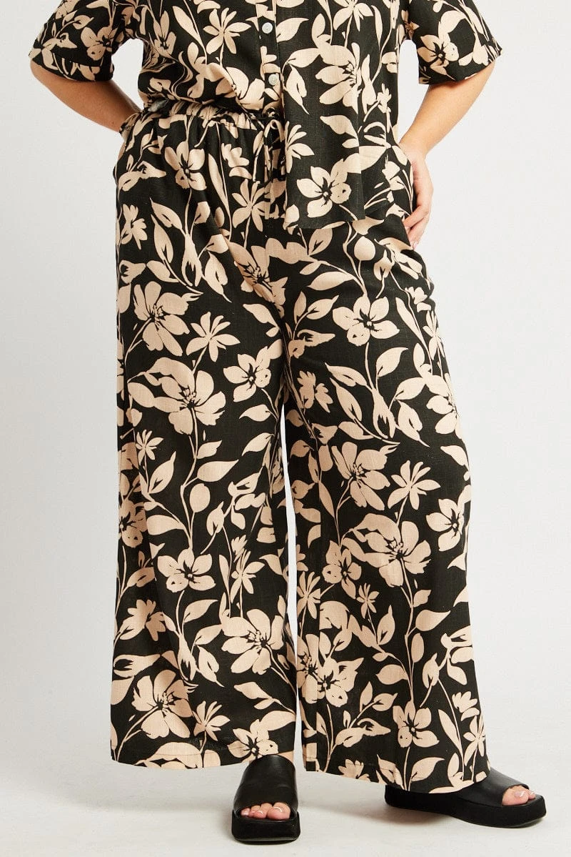 Black Floral Drawstring Wide Leg Linen Pants 3 Black Floral Drawstring Wide Leg Linen Pants - Image 3