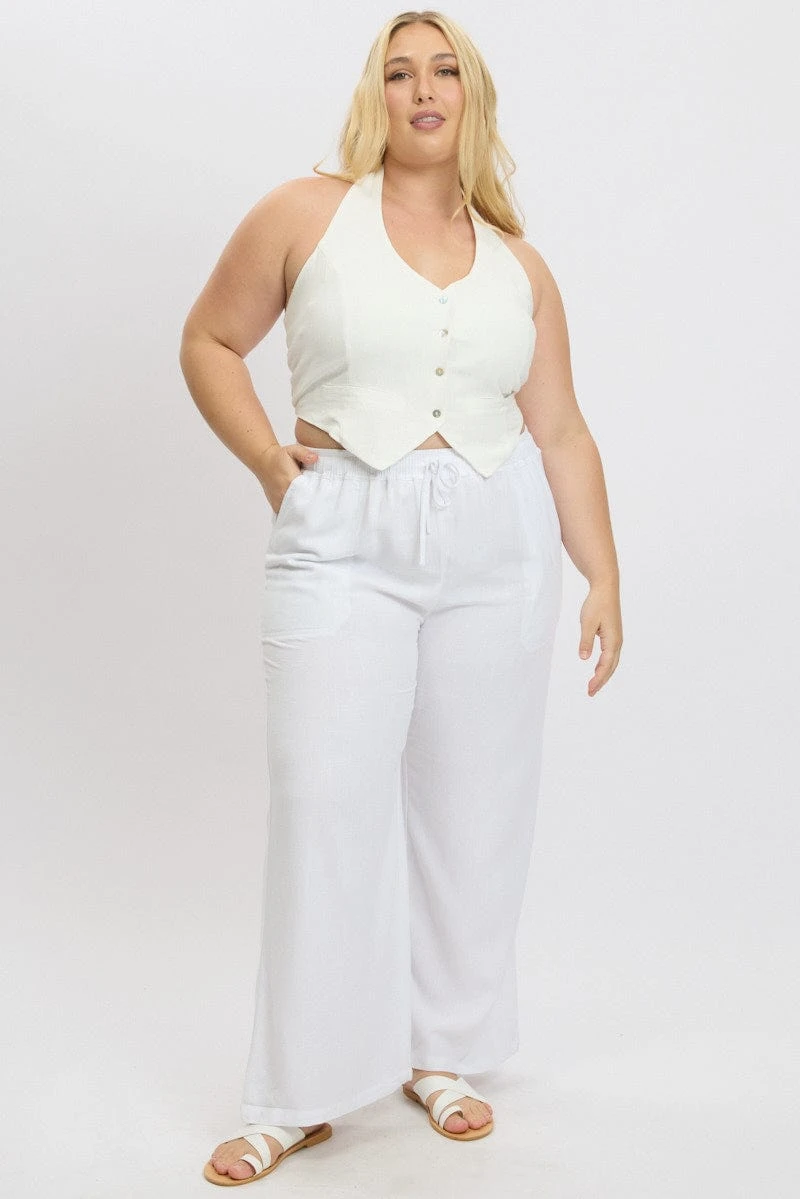 White Elastic Waist Wide Leg Linen Blend Pants 3 White Elastic Waist Wide Leg Linen Blend Pants - Image 3