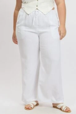White Elastic Waist Wide Leg Linen Blend Pants 9 White Elastic Waist Wide Leg Linen Blend Pants -You And All Fashion Store cbt4084 10a white 4