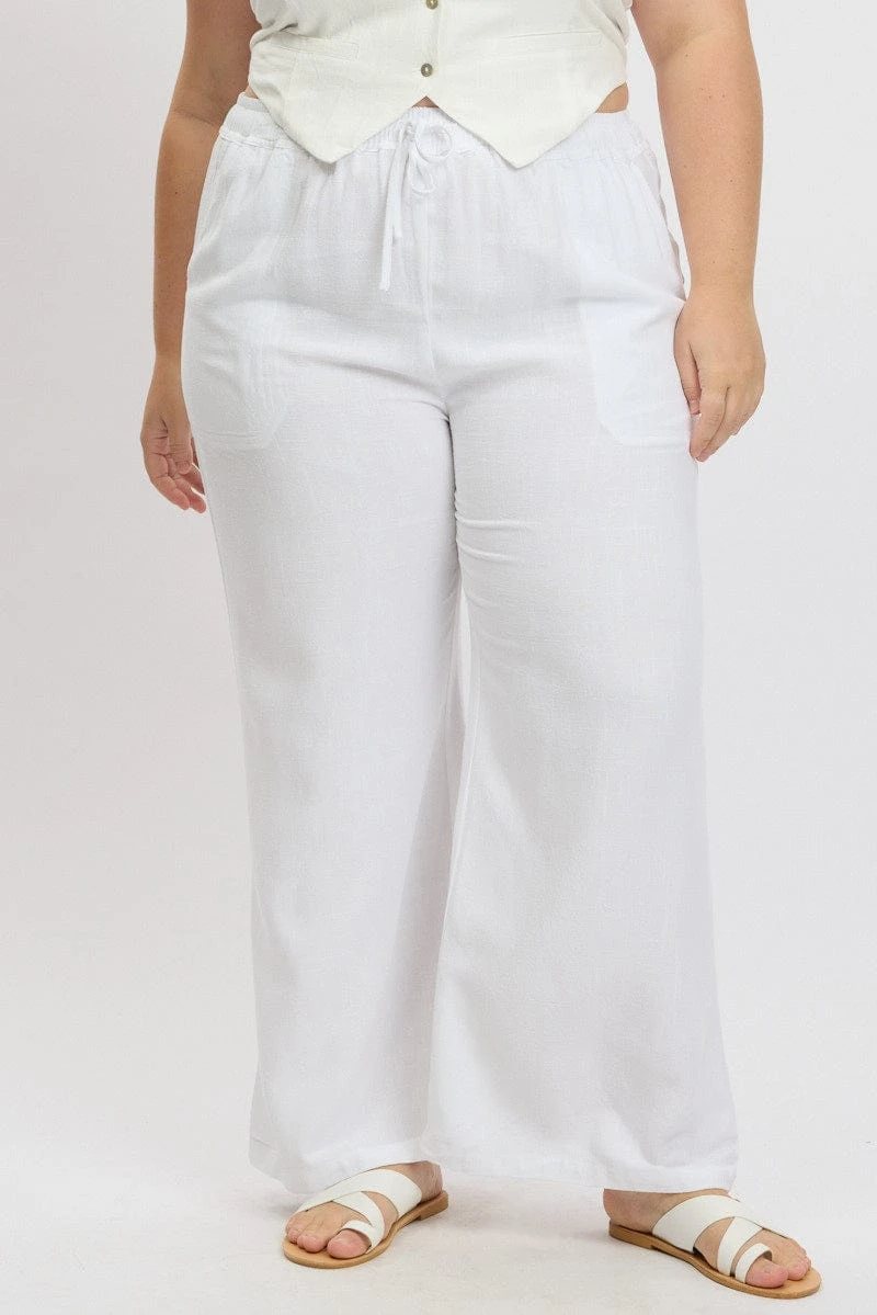 White Elastic Waist Wide Leg Linen Blend Pants 4 White Elastic Waist Wide Leg Linen Blend Pants - Image 4