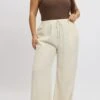 Beige Elastic Waist Wide Leg Linen Blend Pants