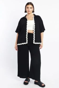 Black Elastic Waist Wide Leg Linen Blend Pants