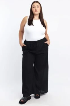Black Seam Detail Linen Blend Wide Leg Pants